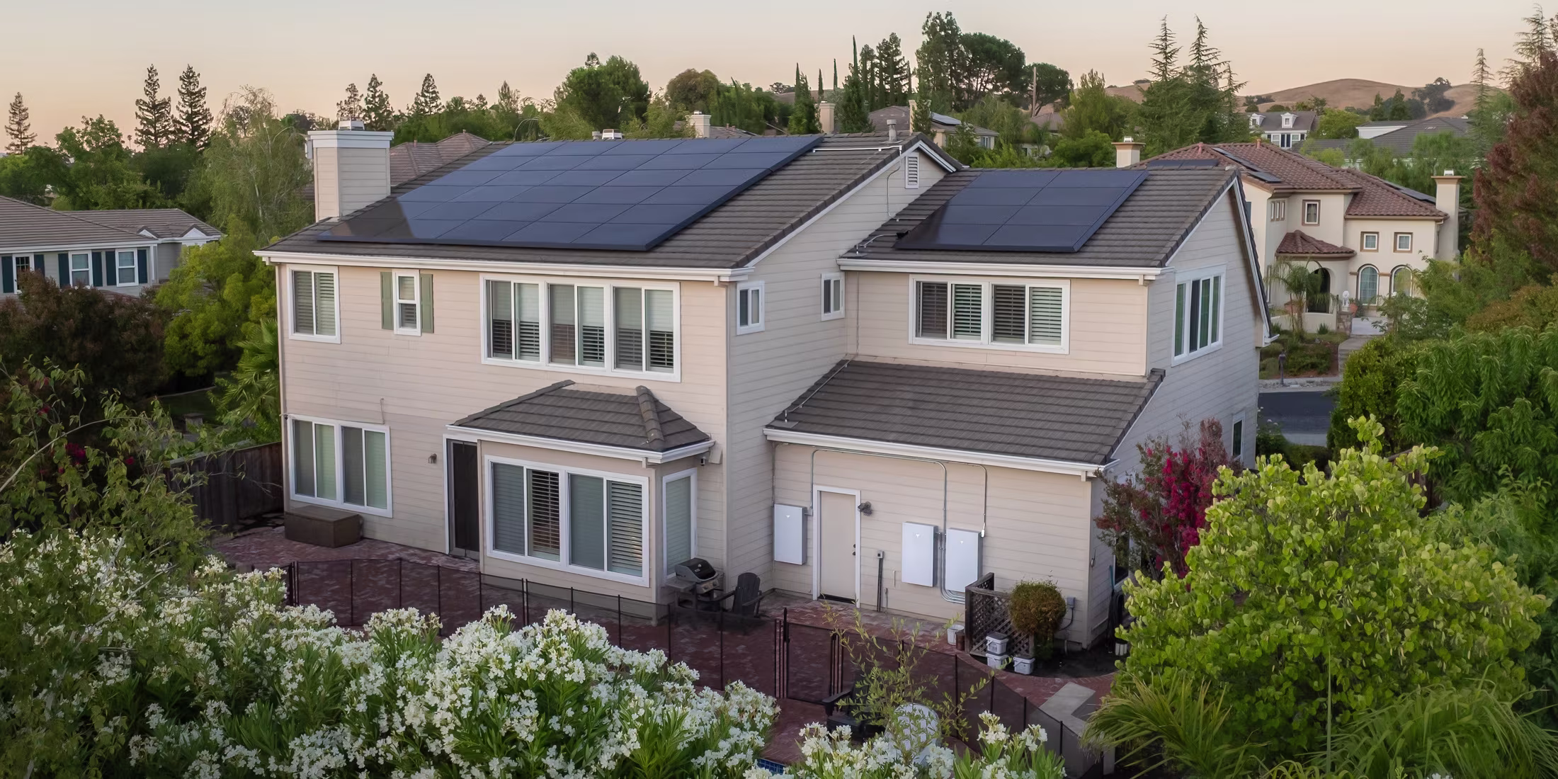 A residential home with rooftop solar panels